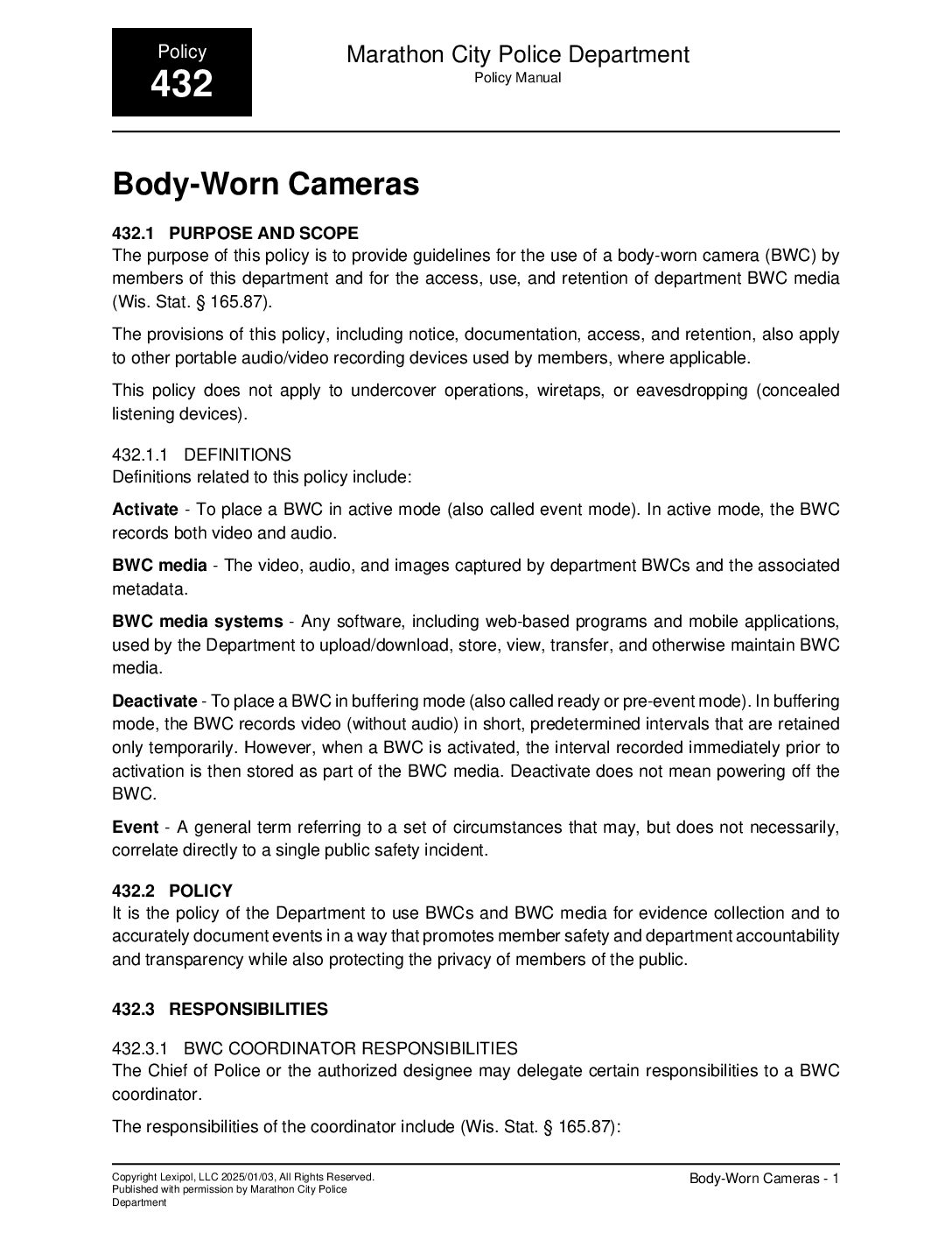 Marathon City Body-Worn Cameras Policy