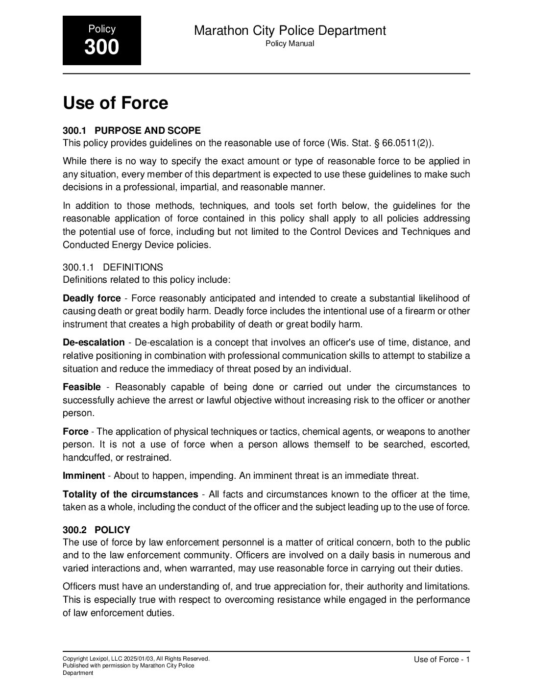 Marathon City Police Use of Force Policy