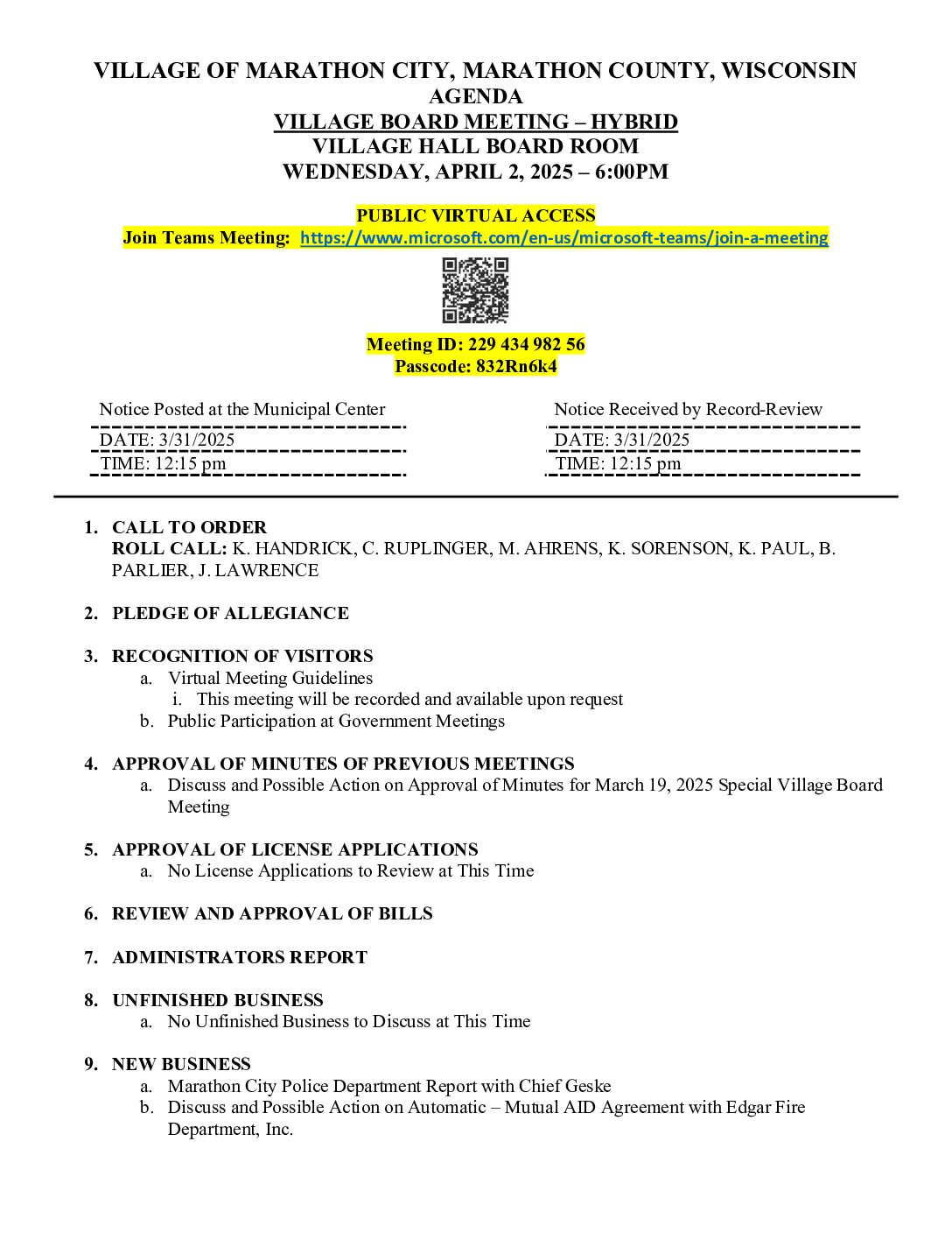 Village Agenda 04.02.2025
