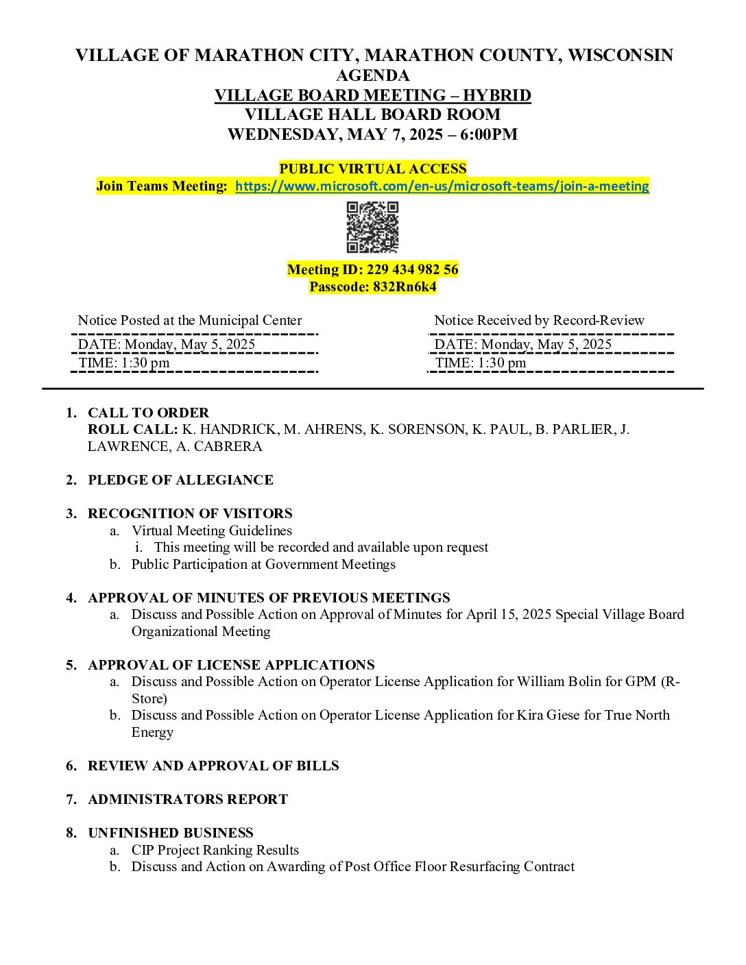 Village Agenda 05.07.2025