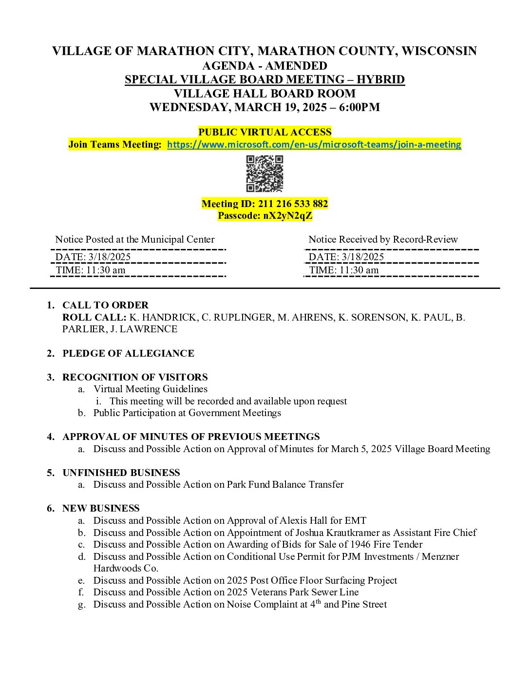 Village Agenda 03.19.2025 – Special