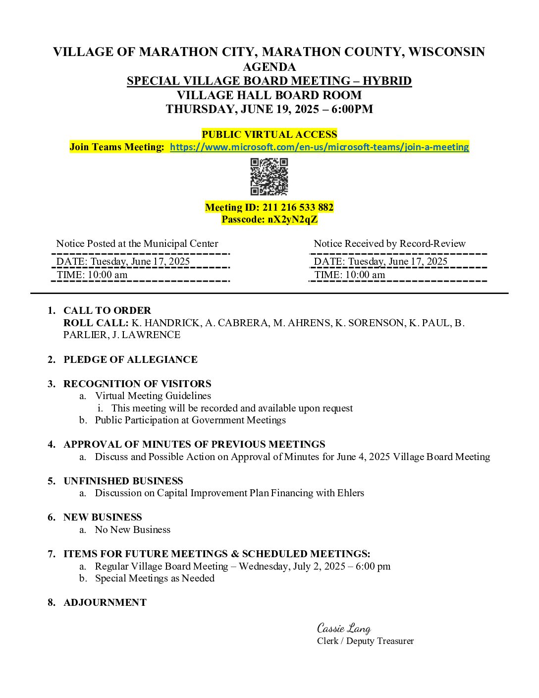 Village Agenda 06.19.2025 – Special
