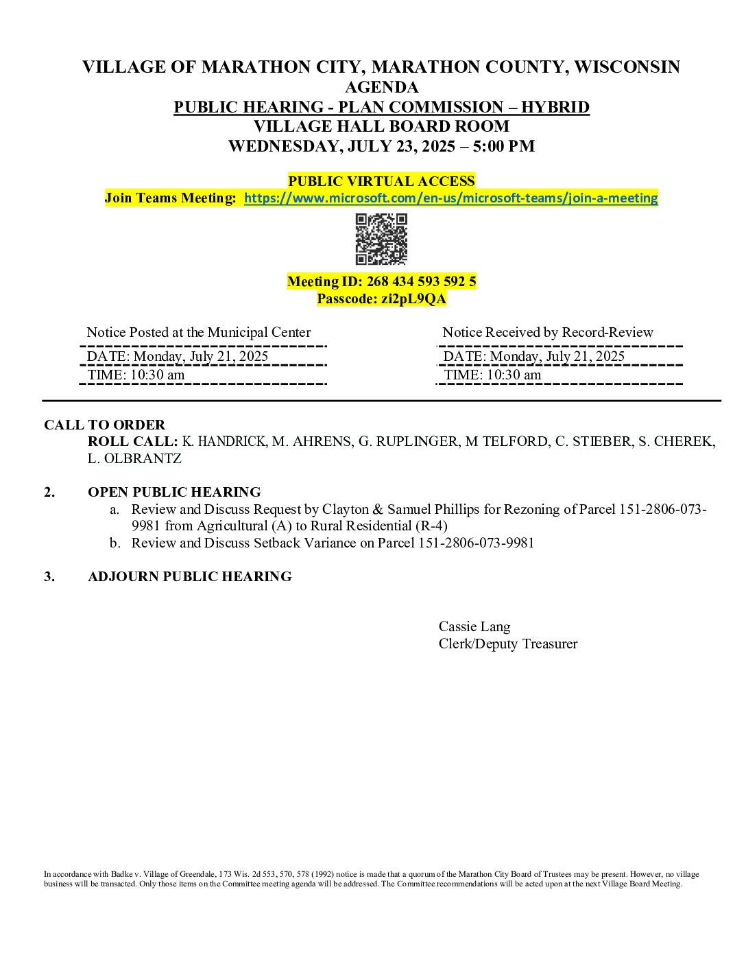 Plan Commission/Public Hearing Agenda 07.23.2025
