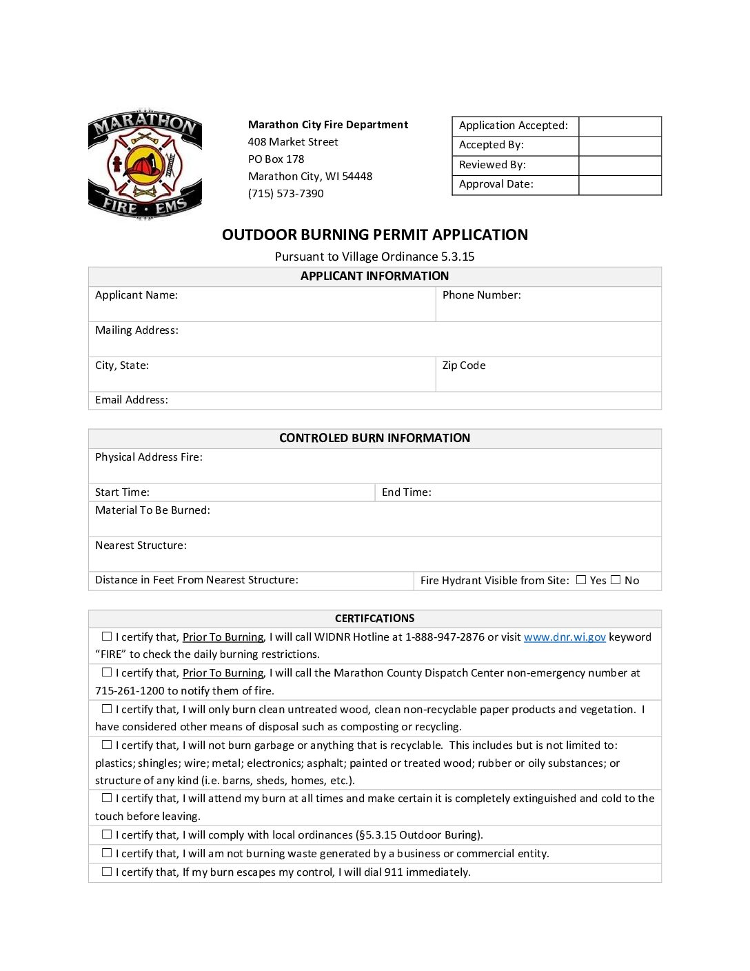Village Burning Permit Application