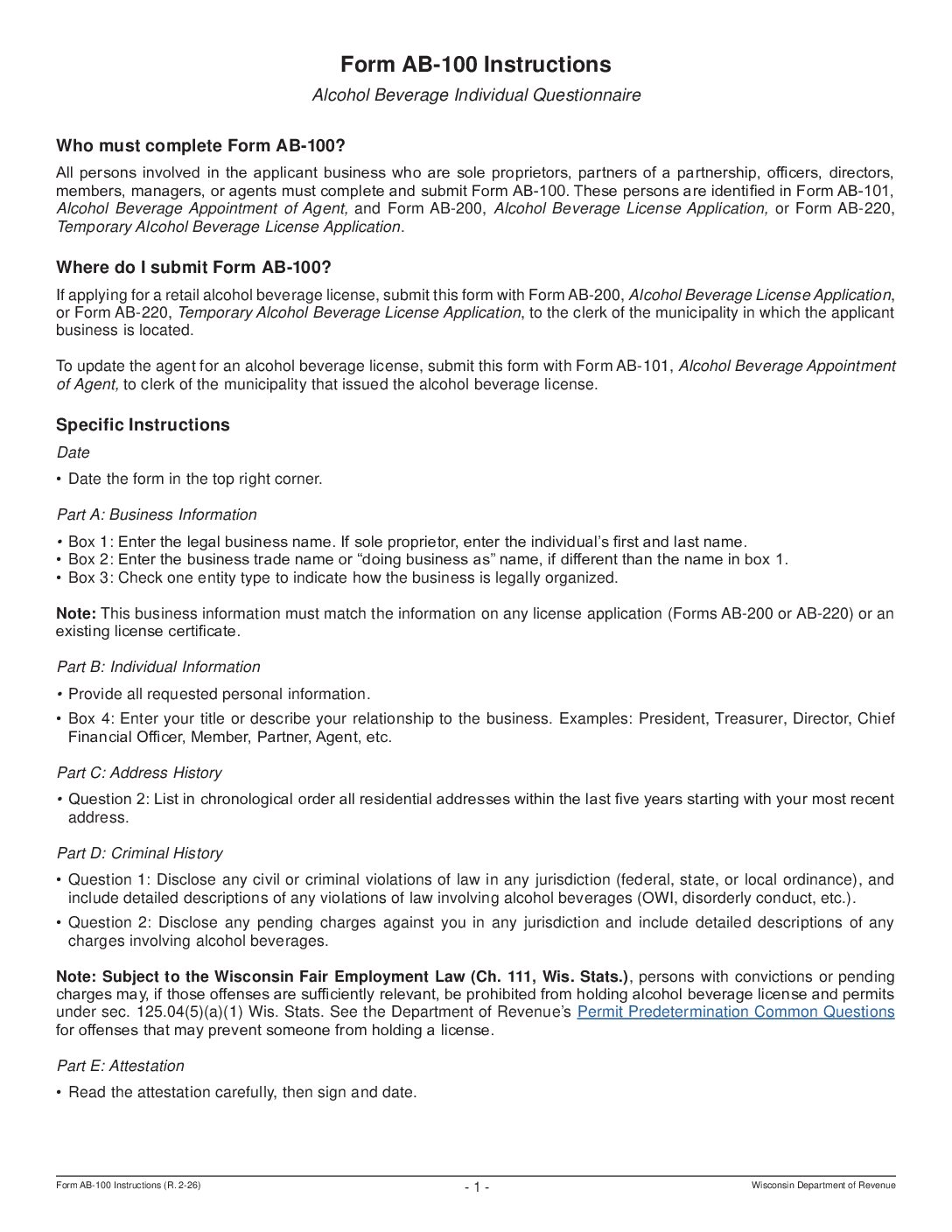 Alcohol Beverage Individual Questionnaire (AB-100) – Fillable