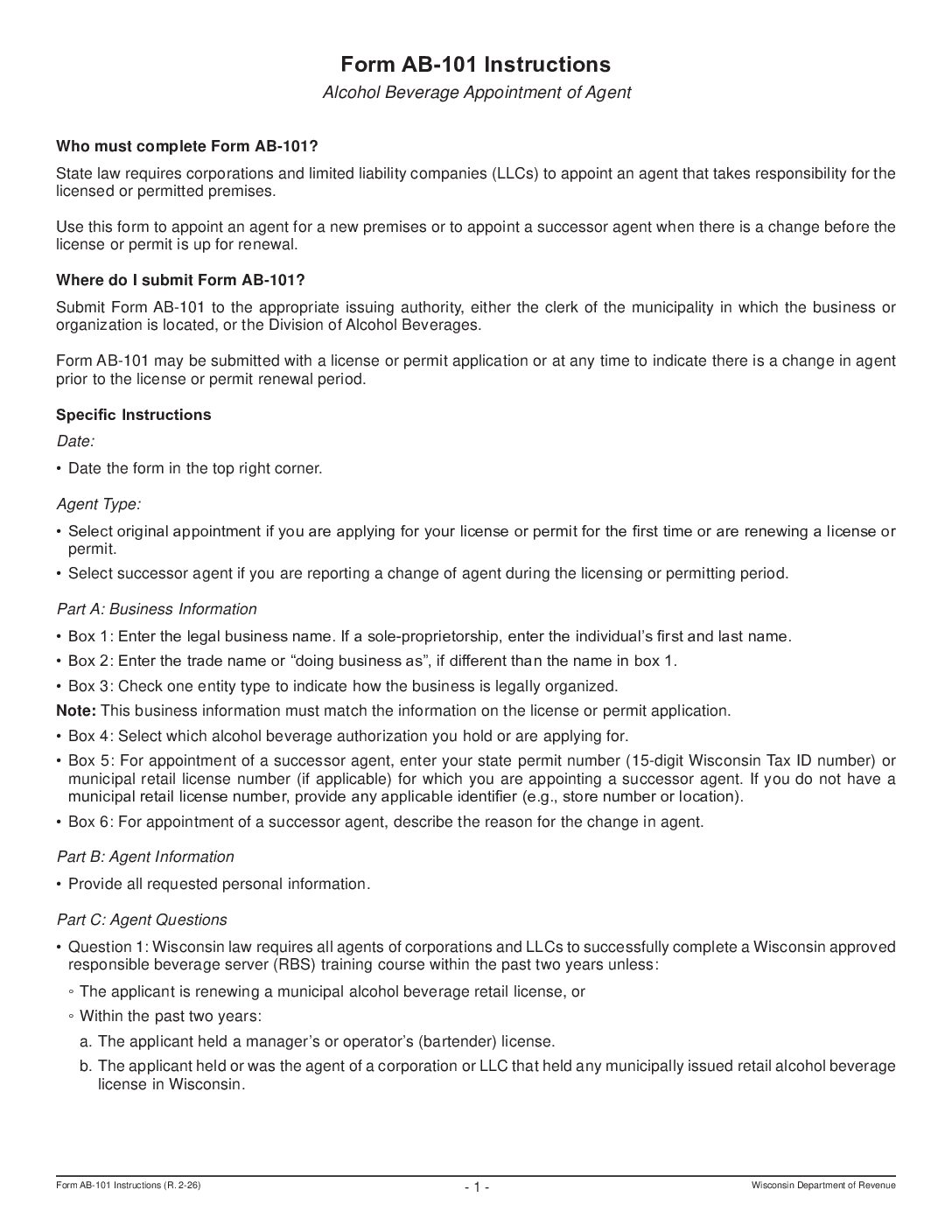 Alcohol Beverage Appointment of Agent (AB-101) – Fillable