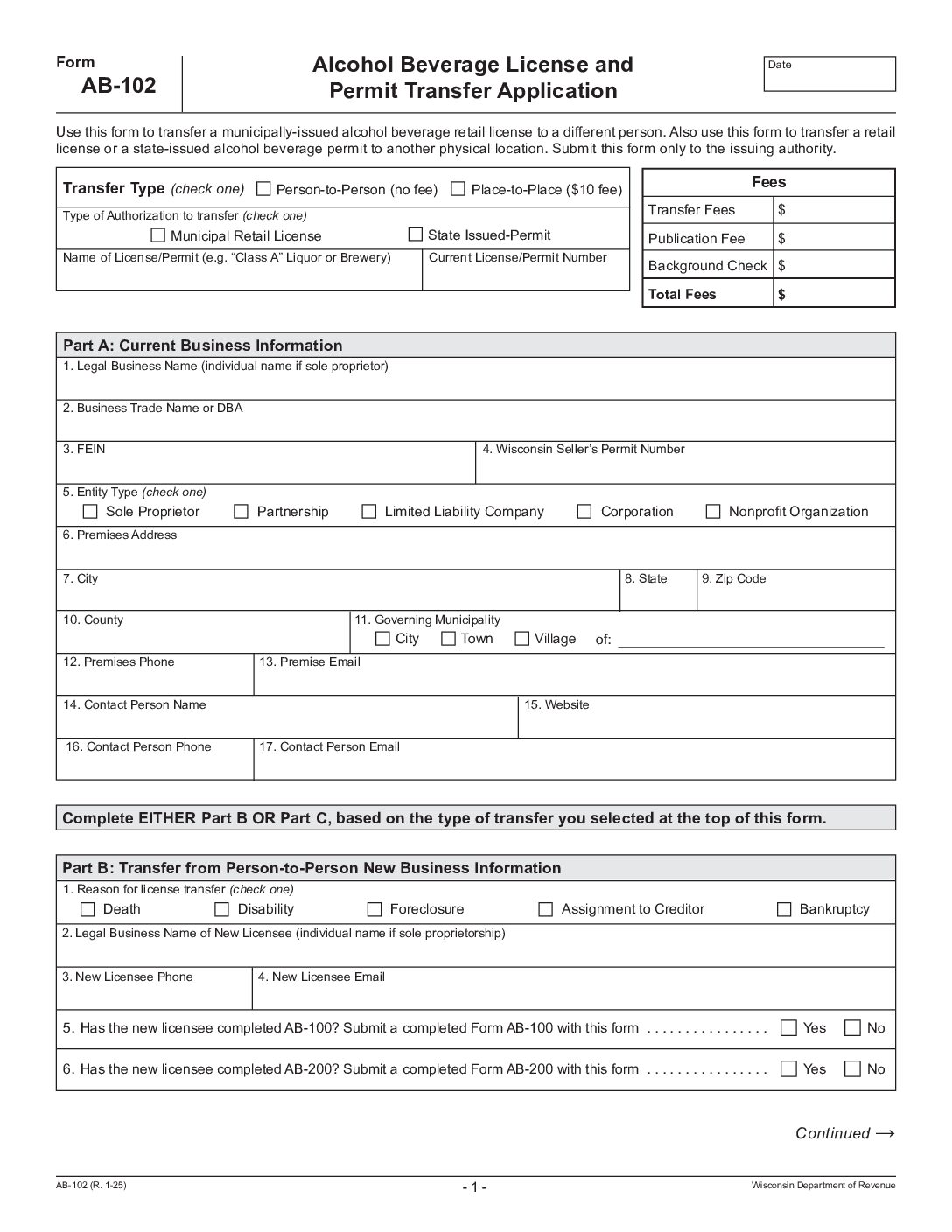 Alcohol Beverage License and Permit Transfer Application (AB-102) – Fillable