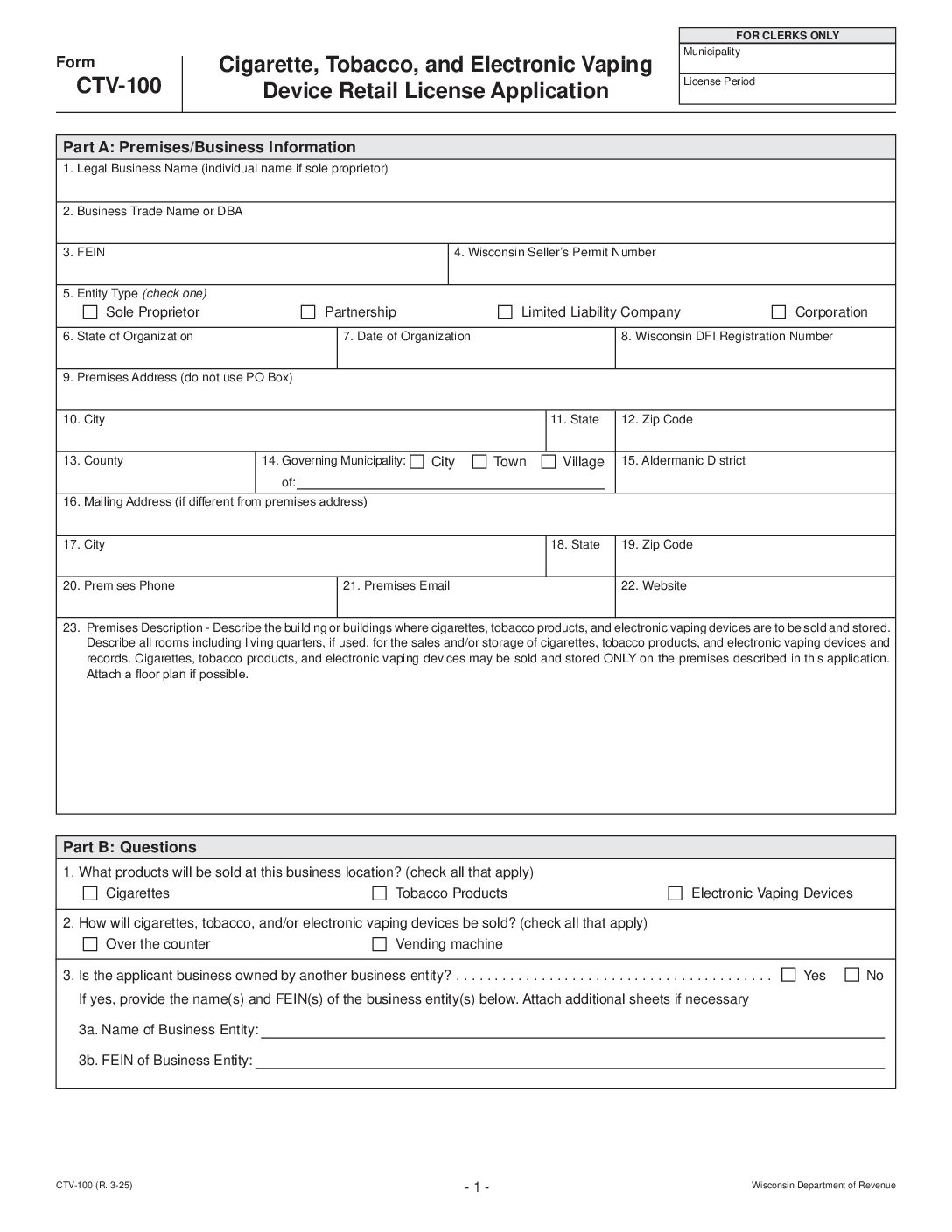 Cigarette/Tobacco/Vaping Retail License Application (CTV-100) – Fillable