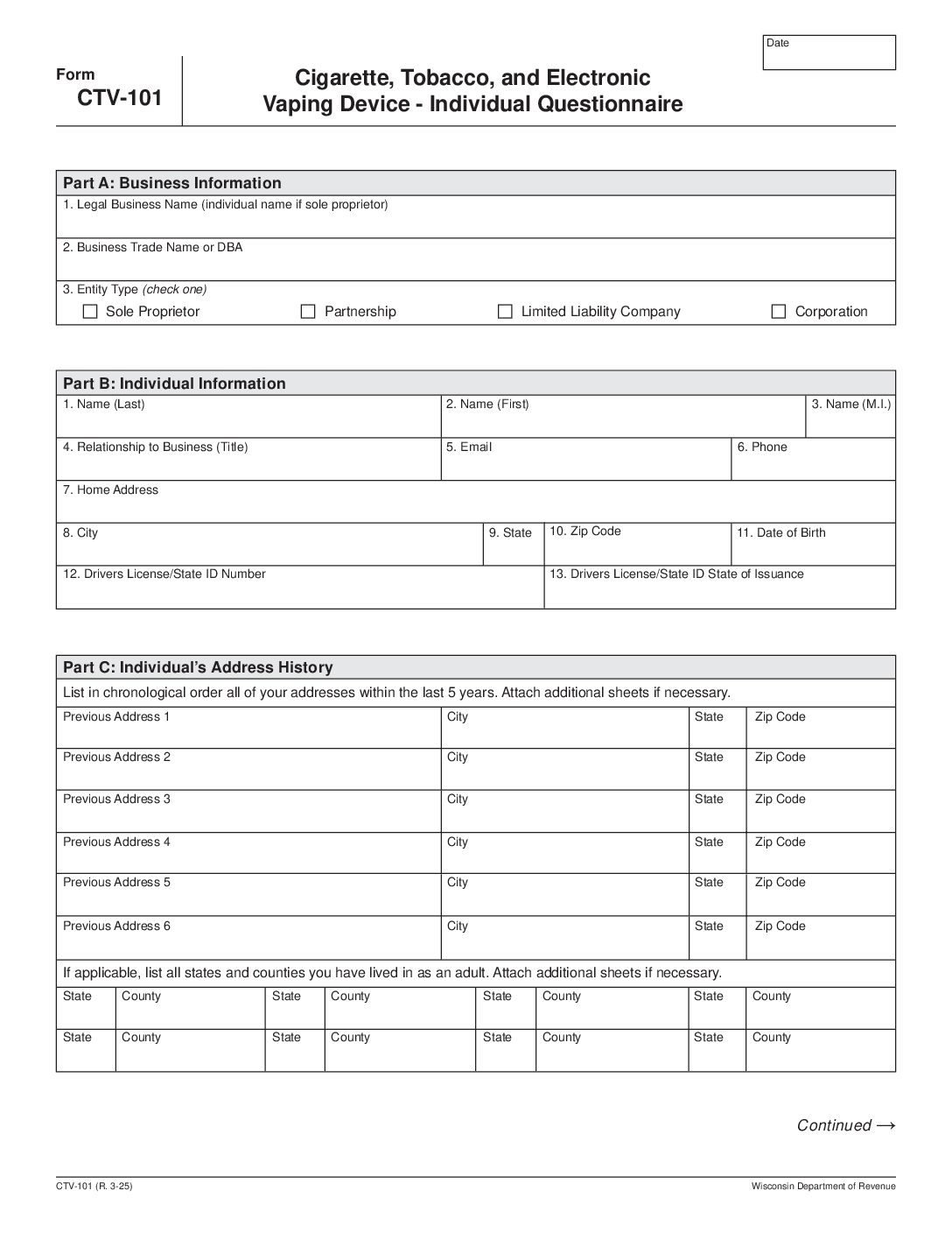 Cigarette/Tobacco/Vaping License Individual Questionnaire (CTV-101) – Fillable
