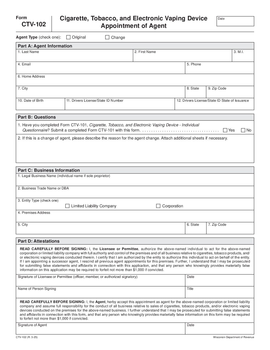 Cigarette/Tobacco/Vaping Appointment of Agent (CTV-102) – Fillable