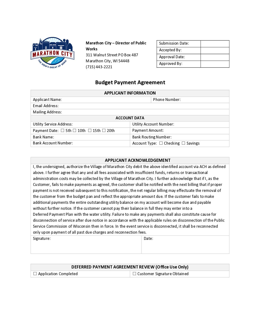 Monthly Budget Payment Agreement