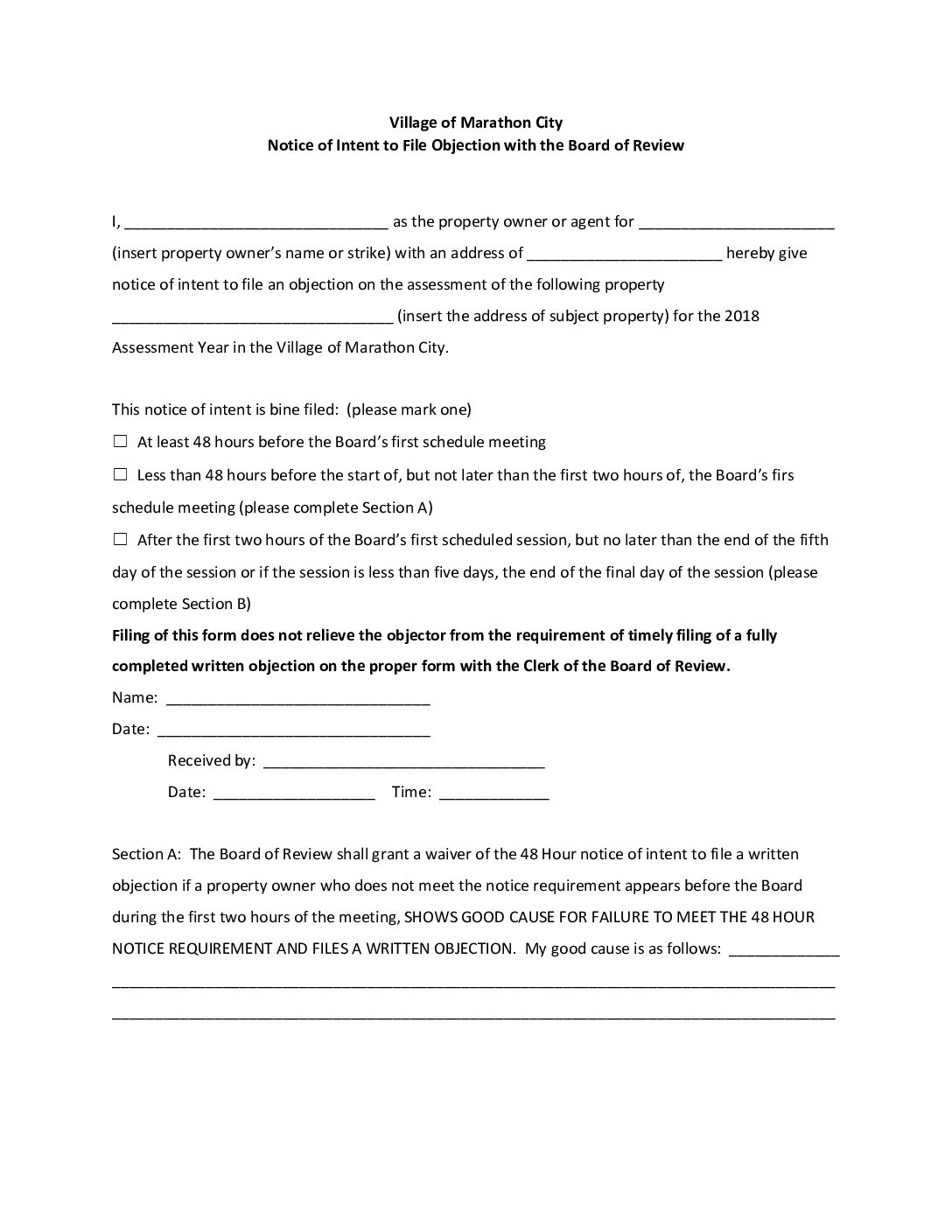 Notice of Intent to File Objection with Board of Review