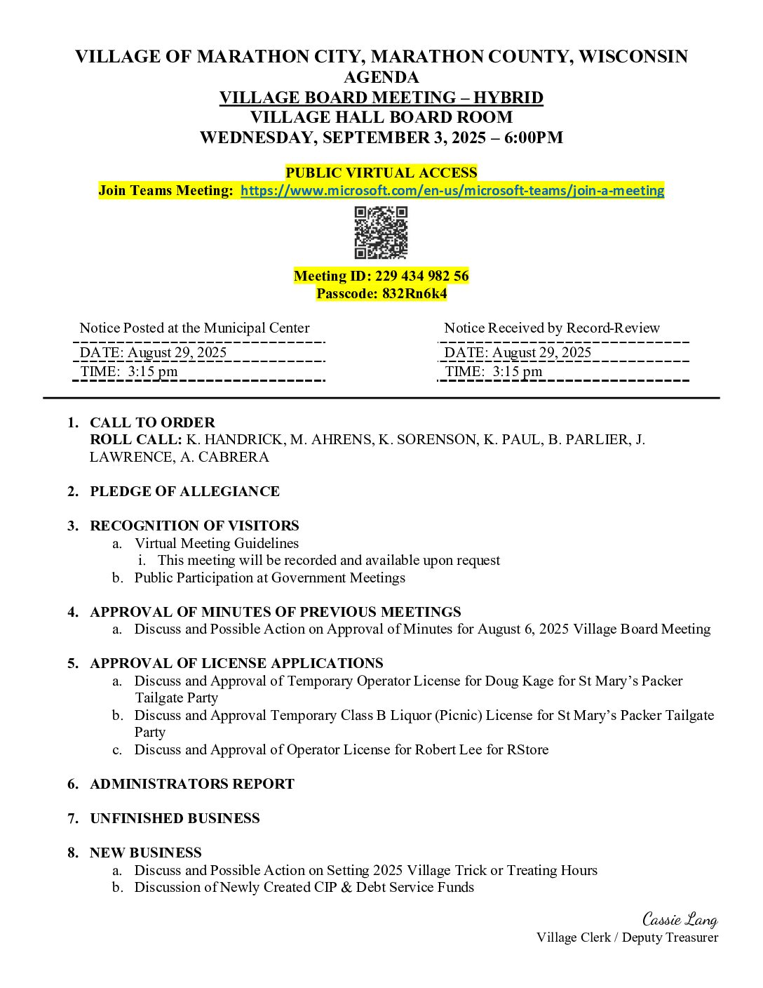 Village Agenda 09.03.2025