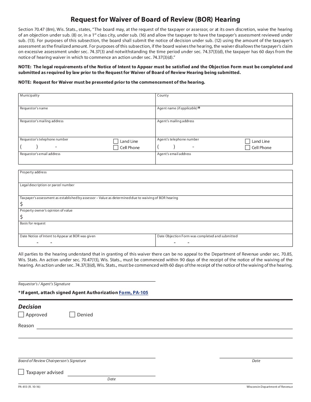 Request for Waiver of Board of Review Hearing – PA-813