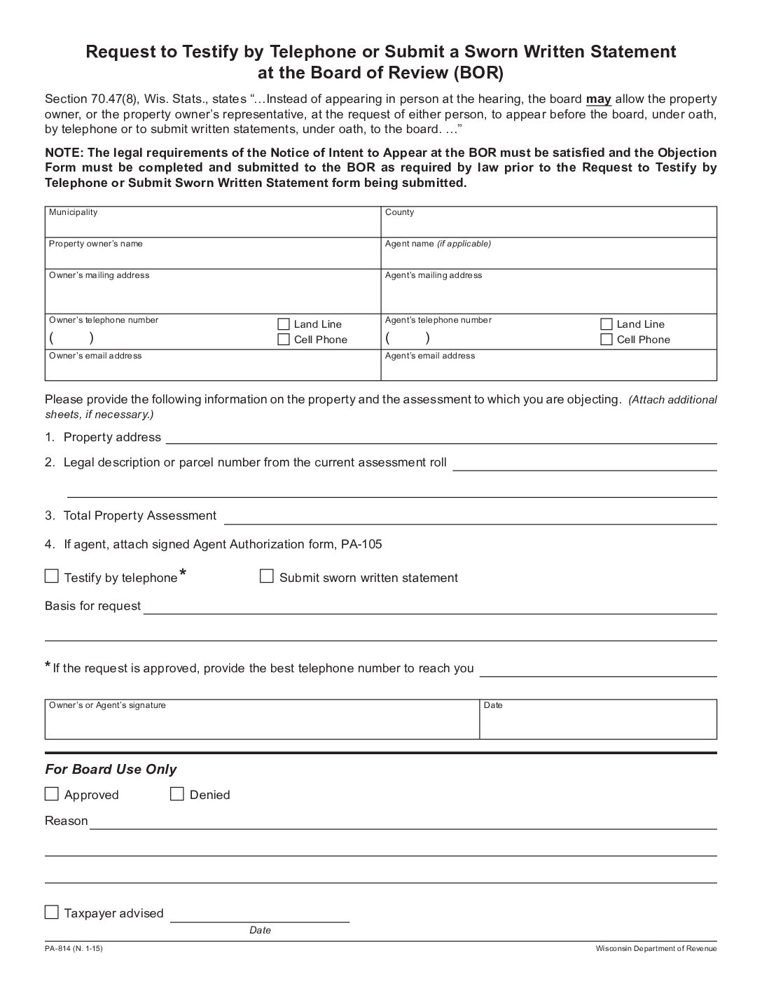 Request to Testify by Telephone or Submit a Sworn Written Statement – PA-814