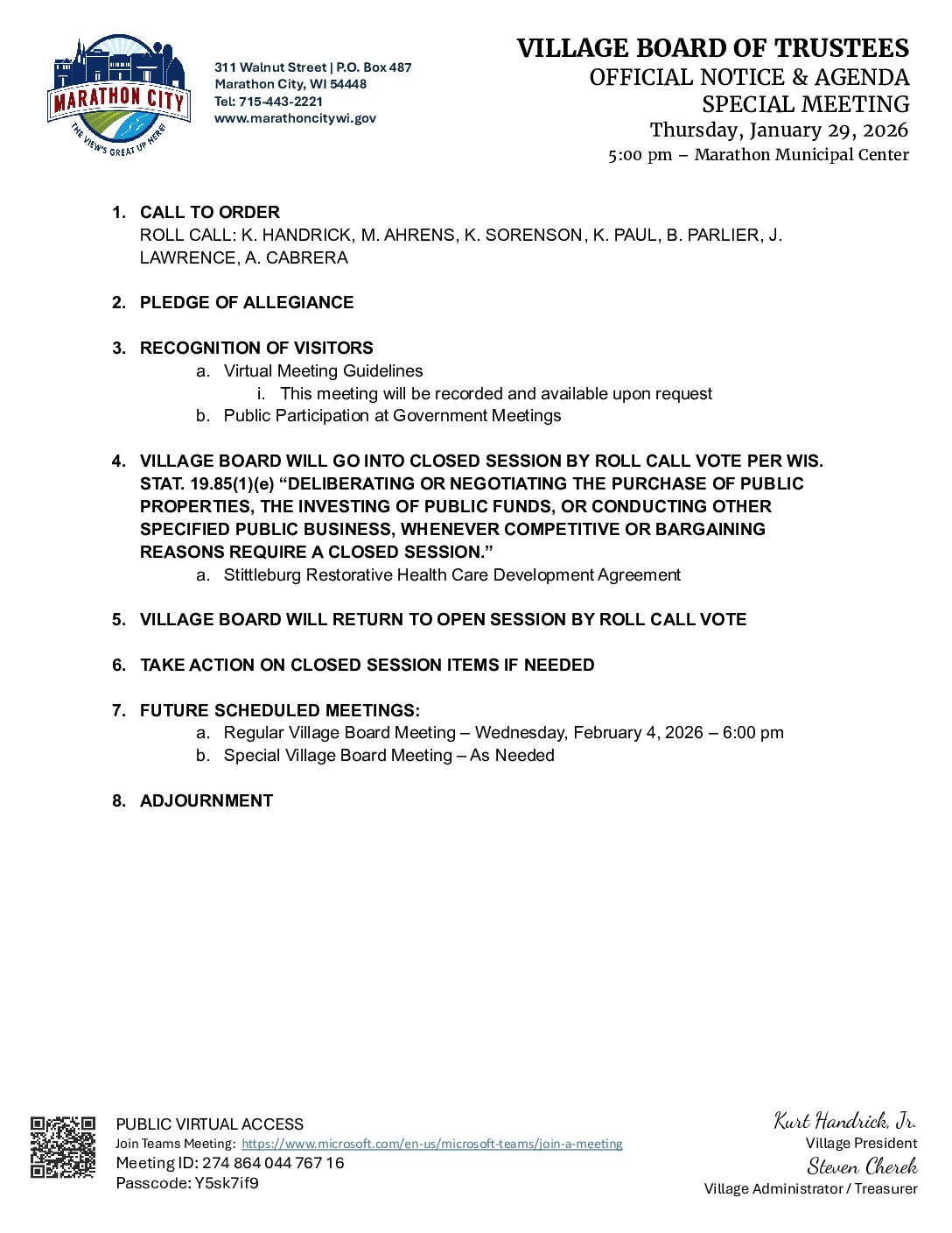 Village Agenda 01.29.2026 – Special