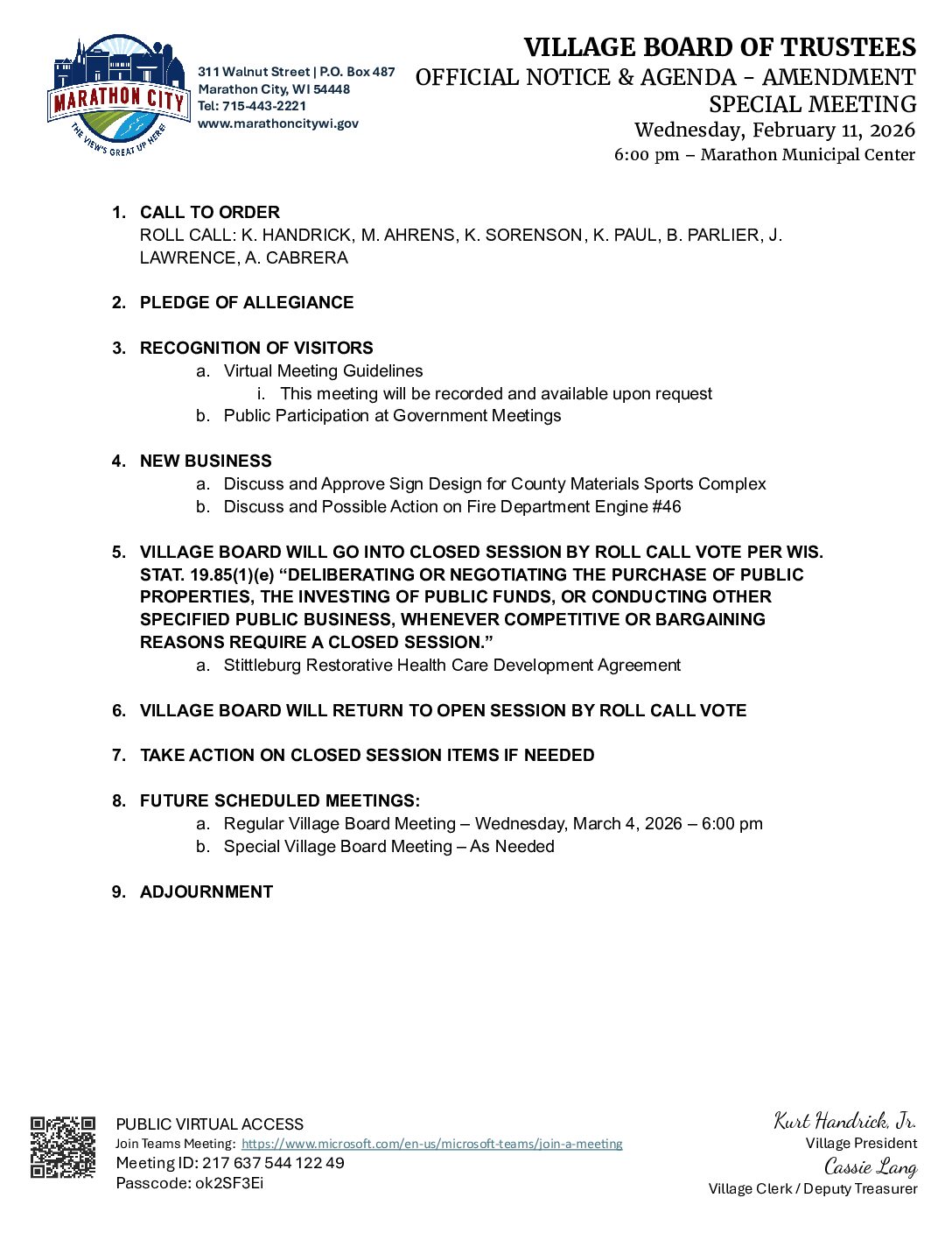 Village Agenda 02.11.2026 – Special