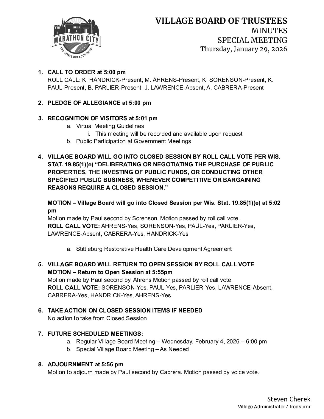 Village Minutes 01.29.2026 – Special