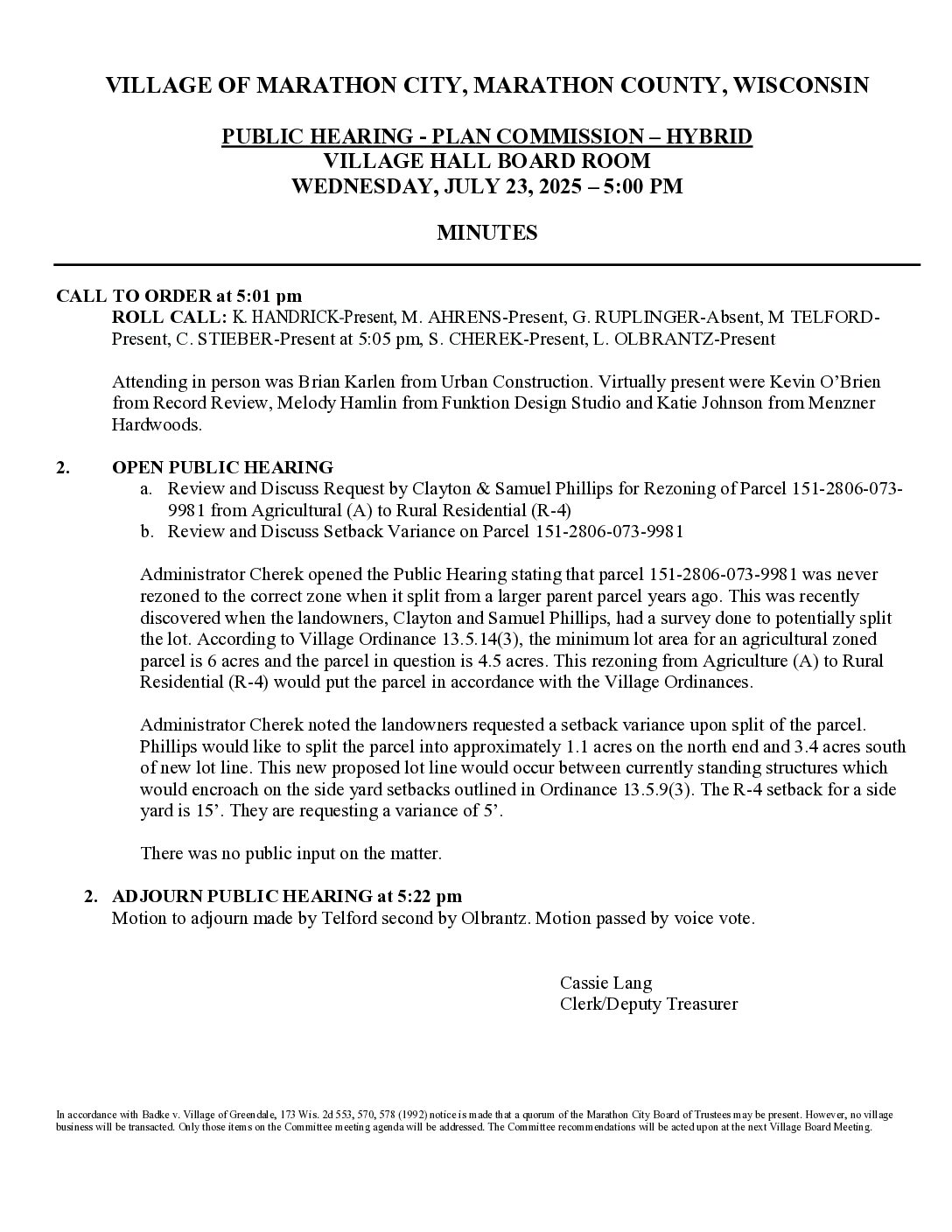 Public Hearing & Plan Commission Minutes 07.23.2025