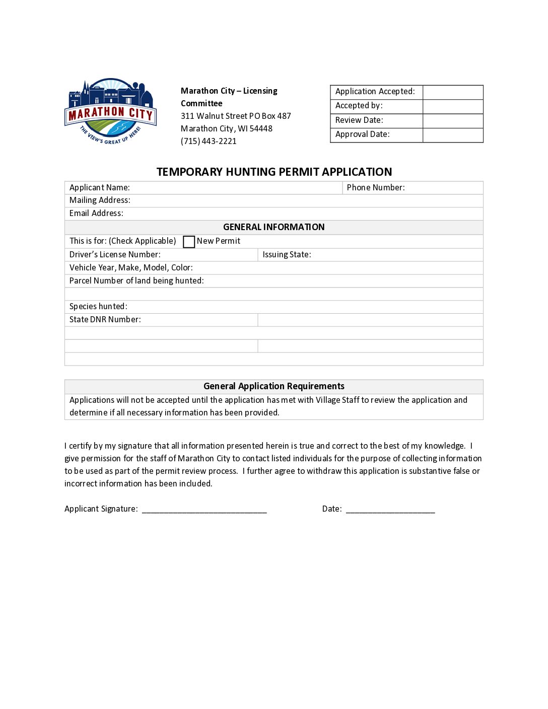 Temporary Hunting Permit Application – Fillable