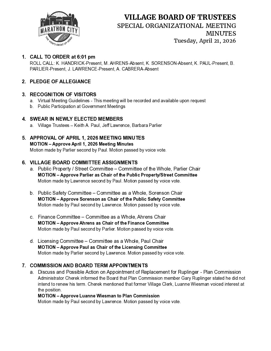 Village Minutes 04.21.2026 – Organizational