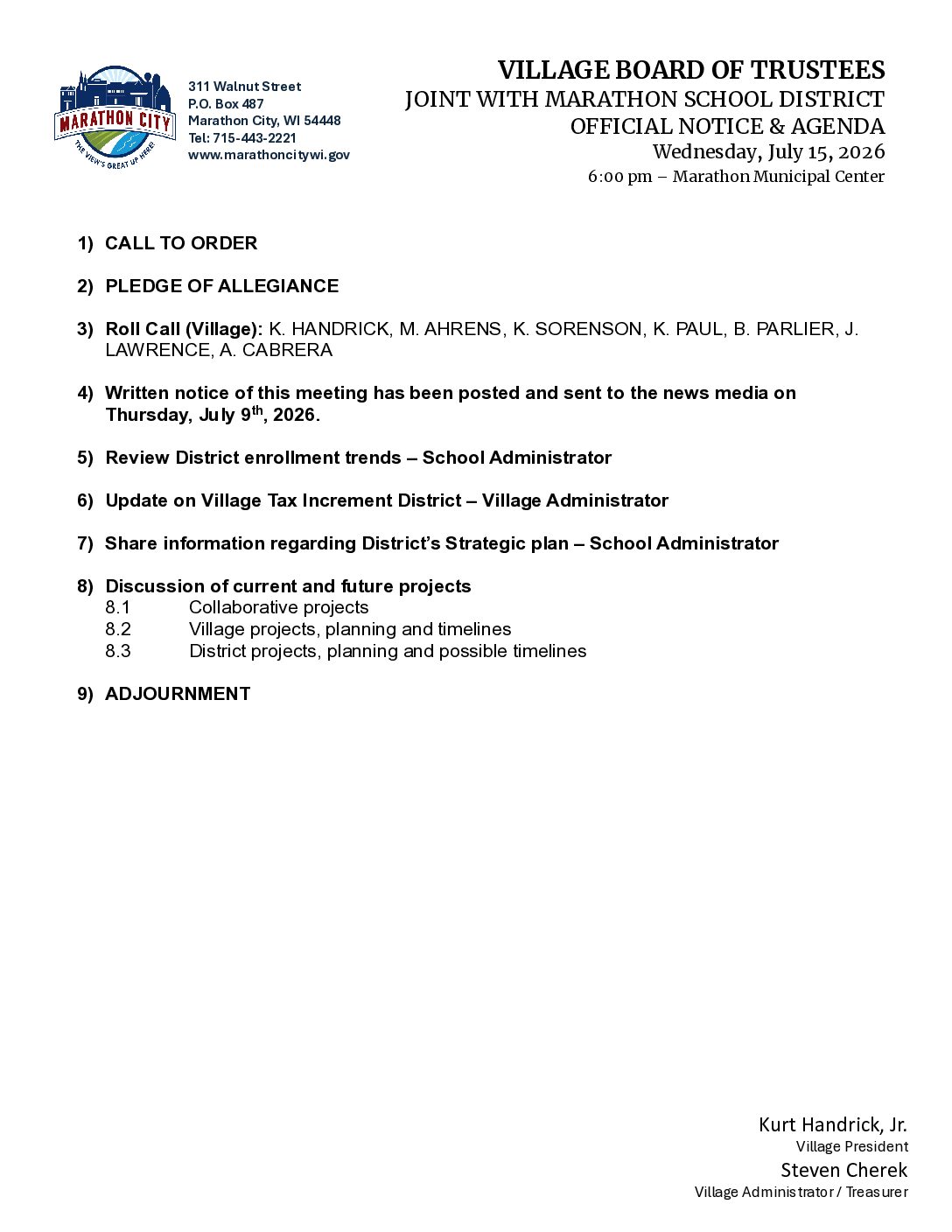 Joint Village-School Agenda 07.15.2026