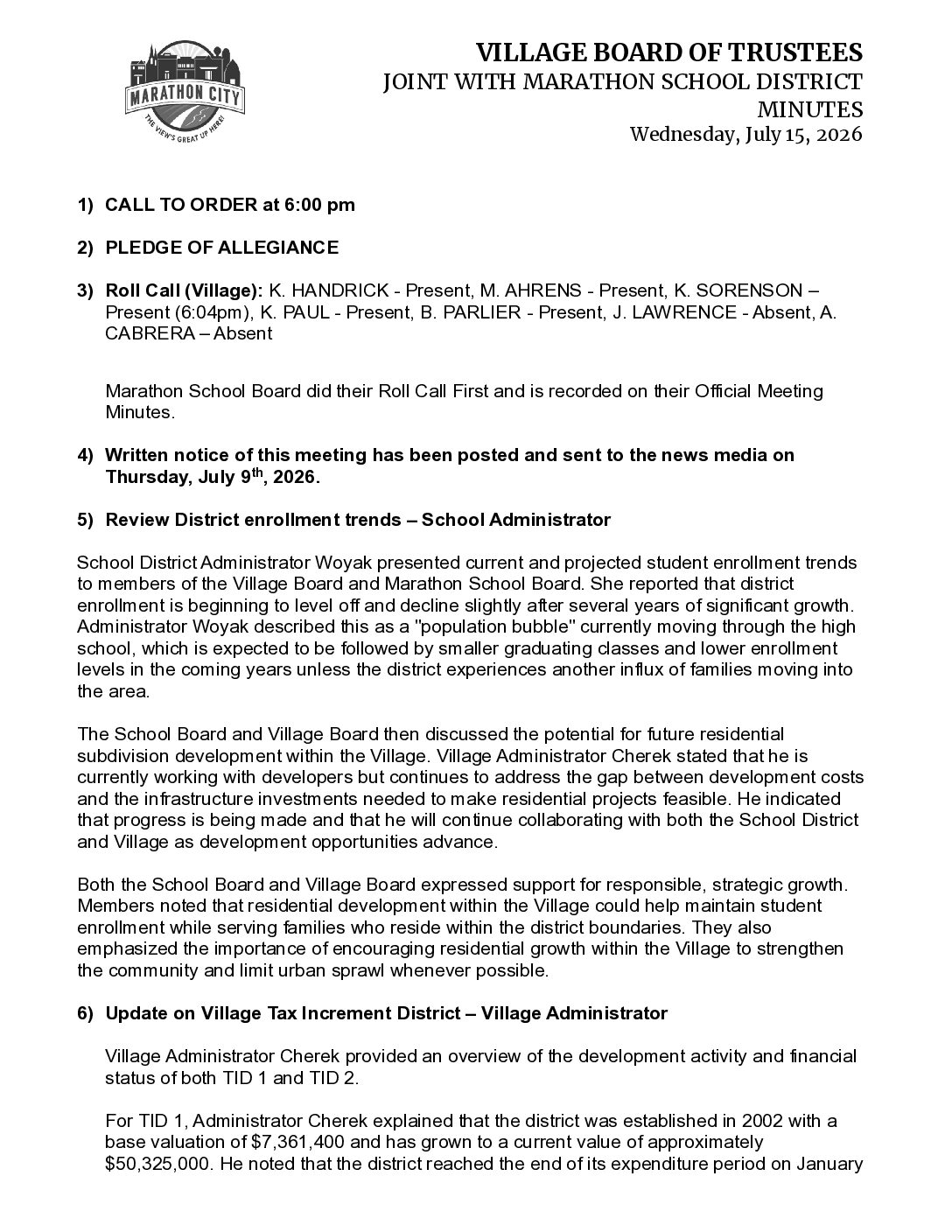 Joint Village-School Minutes 07.15.2026