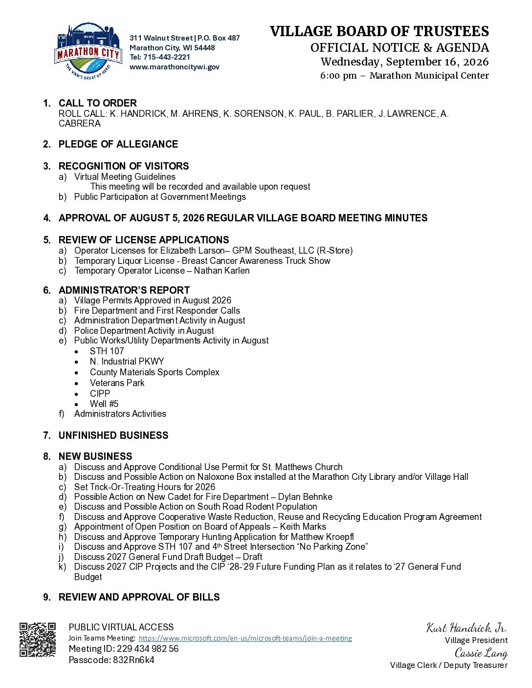 Village Agenda 09.16.2026